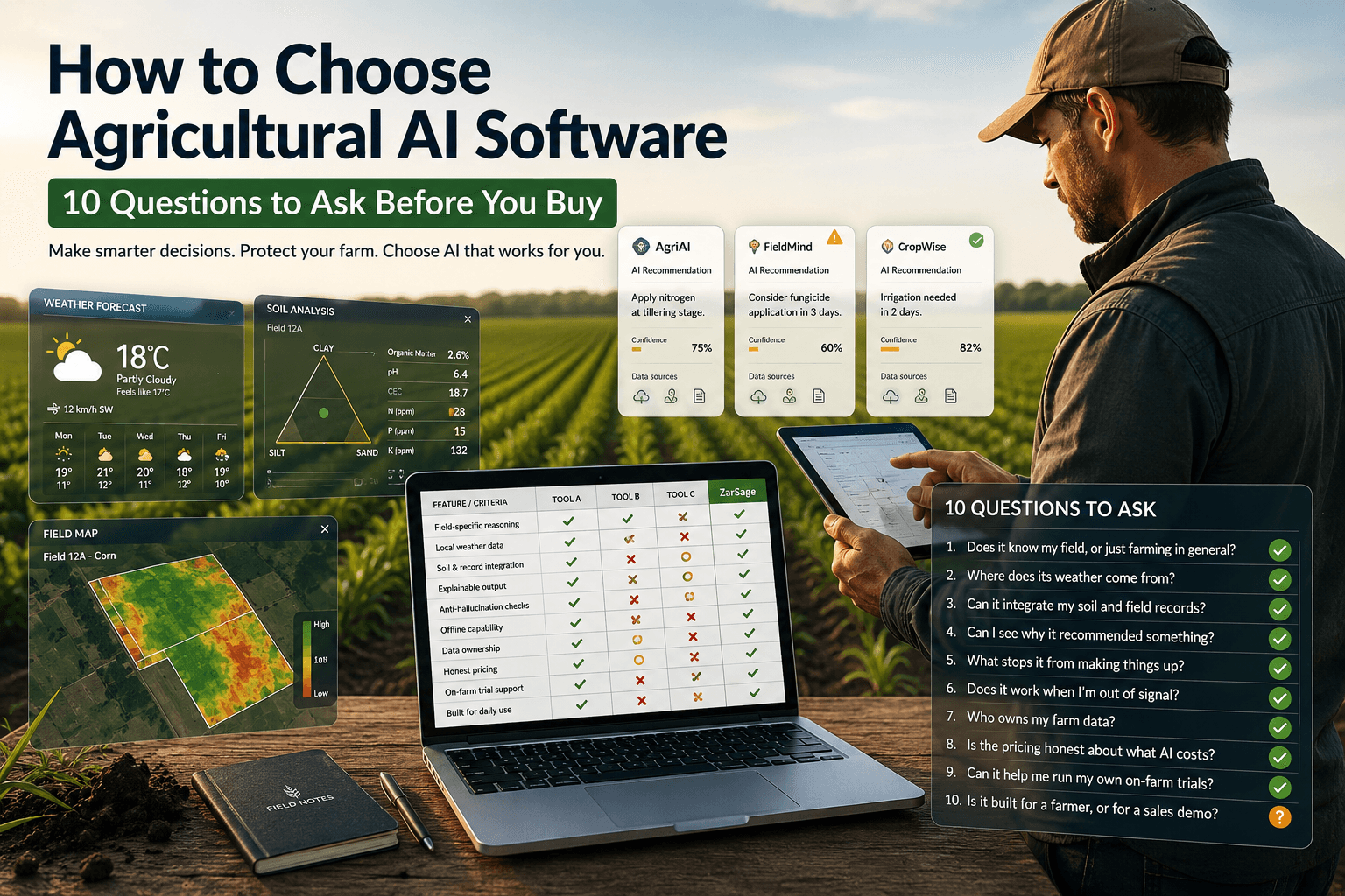 Un agriculteur compare des outils d'IA agricole sur un ordinateur portable avec une grille de critères, aux côtés de données de météo, de sol et de carte de parcelle